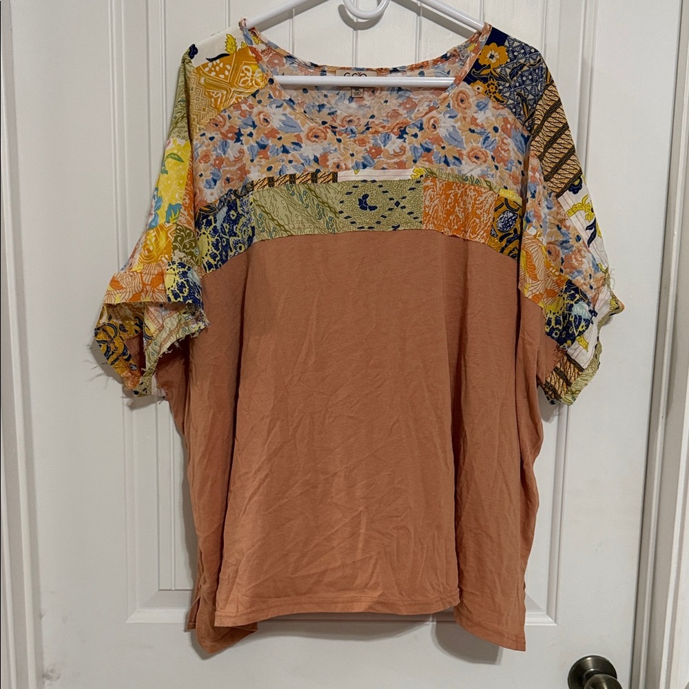 Boho Patchwork Short Sleeve Tunic - Rust Floral
